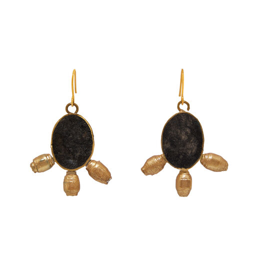 A pair of black oval hook earrings, each with three pendants.